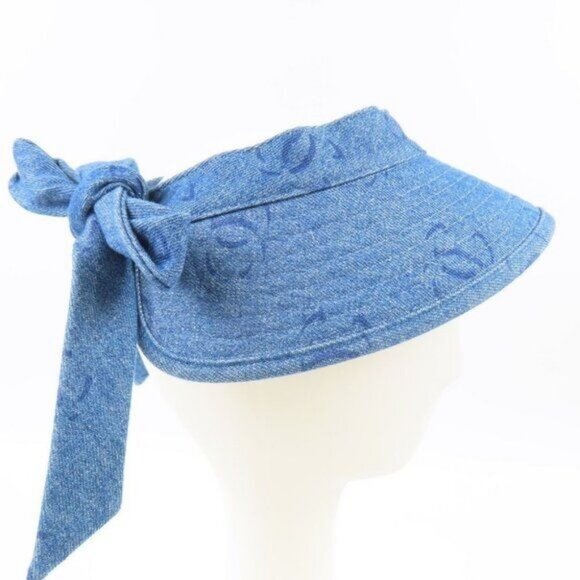 Authentic CHANEL CC Denim Hat Sun Visor Ribbon Tie Wide Brim Bucket Cap Blue - Picture 2 of 10